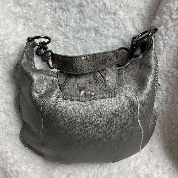 CHI by Carlos Falchil Hobo leather gray shoulder bag with shake skin flap& strap - Picture 4 of 13